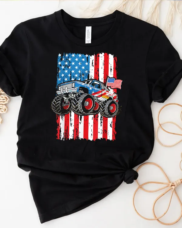Monster Truck Shirt Men Boys USA Flag Vintage T-Shirt